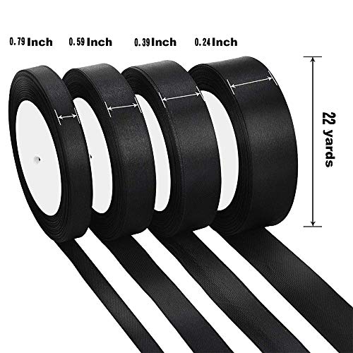 4 Rollos Cinta de Satén, Cinta de Adorno, para Manualidades Para Decoraciones de Bodas, Colgar Pancartas, Decorar Fiestas, Envolver su Regalo, Como Material de Bricolaje, 4 Tamaños (Negro)