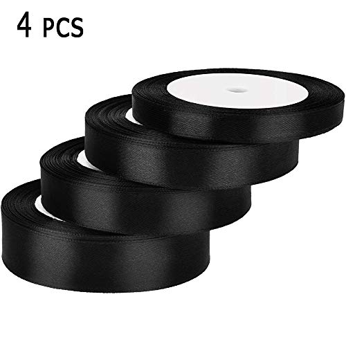 4 Rollos Cinta de Satén, Cinta de Adorno, para Manualidades Para Decoraciones de Bodas, Colgar Pancartas, Decorar Fiestas, Envolver su Regalo, Como Material de Bricolaje, 4 Tamaños (Negro)