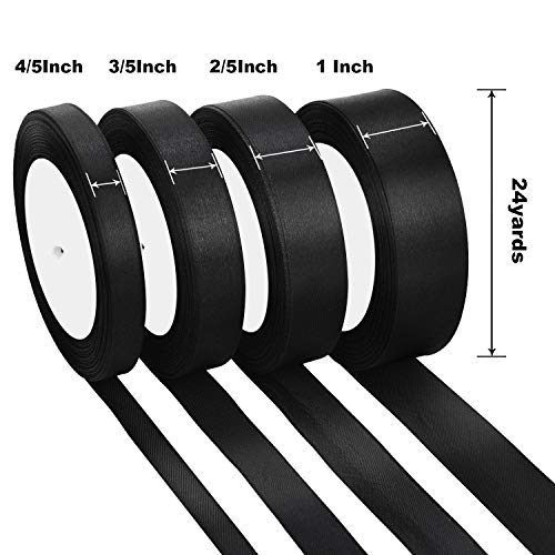 4 Rollos de Cinta de Satén Cinta de Adorno para Manualidades Decoraciones de Boda Fiesta, 4 Tamaños (Negro)