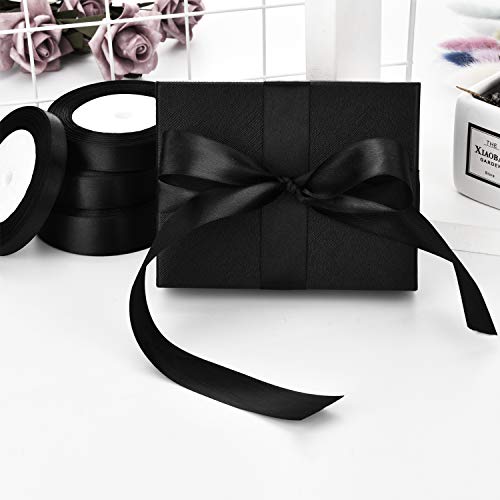 4 Rollos de Cinta de Satén Cinta de Adorno para Manualidades Decoraciones de Boda Fiesta, 4 Tamaños (Negro)