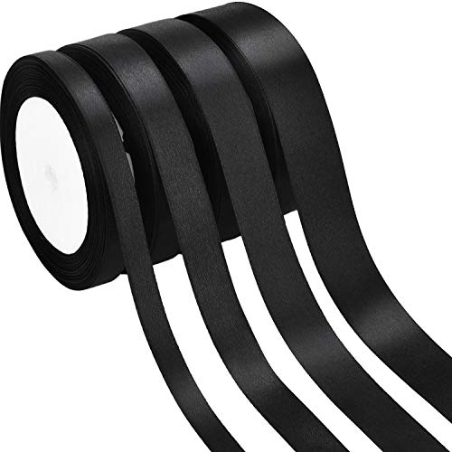 4 Rollos de Cinta de Satén Cinta de Adorno para Manualidades Decoraciones de Boda Fiesta, 4 Tamaños (Negro)