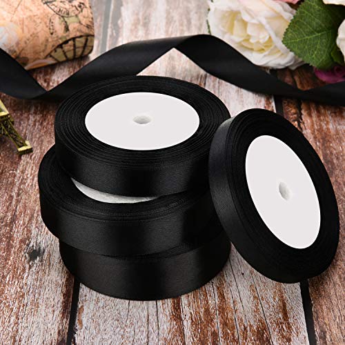 4 Rollos de Cinta de Satén Cinta de Adorno para Manualidades Decoraciones de Boda Fiesta, 4 Tamaños (Negro)