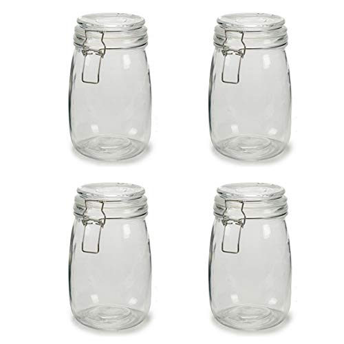 4 x Botes de Cristal para Cocina de 1 litro con Cierre Muy Hermético de Clip con Junta de Silicona. Tarros de Vidrio con Tapa. Pack 4 Unidades. Conserva y Preserva