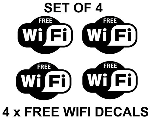 4 x Free Wifi Cartel Símbolos Adhesivos Internet Café Bar Club Oficina De La Tienda (15cm x 10cm) NEGRO