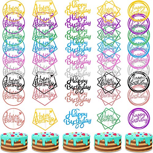 40 Piezas Toppers de Pastel de Happy Birthday Topper de Magdalena de Cumpleaños con Brillos Decoraciones de Palillo de Pastel Colores Variados para Postres Pasteles de Fiestas, 5 Estilos