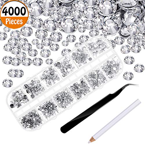 4000 Piezas de Diamantes de Imitación de Espalda Plana de Vidrio Hot Fix Gemas Cristales Redondas 1,5-6 MM en Caja de Almacenamiento con Pinzas y Bolígrafos de Diamantes(Transparente)