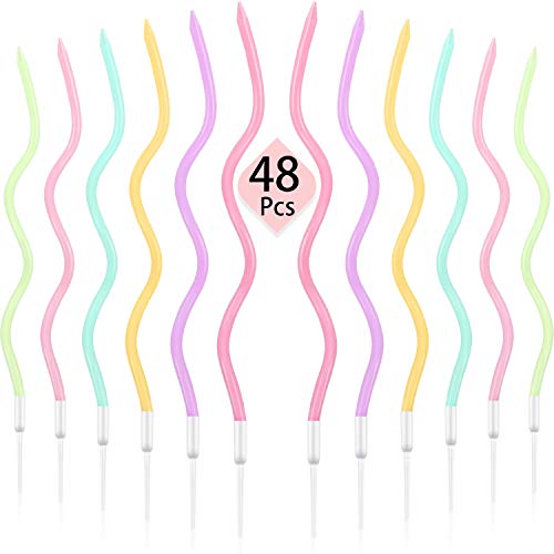 48 Piezas Velas de Cumpleaños Sinuosos Velas de Pastel Magdalena Espiral Metálico con Funda Velas de Tarta de Bobina Rizada Larga y Delgada para Decoración Fiesta Boda Cumpleaños (Colorido)