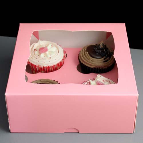 5 cajas para 4 cupcakes con ventana y 4 cavidades insertadas, color blanco, rosa, rojo, papel kraft negro y dorado rosa