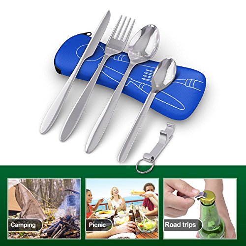 5 Premium Acero Inoxidable Set de Cubiertos Portátiles para Llevar, Viajes, Trabajo, Acampada/Camping, Picnic - Cuchara Tenedor Cucharita Cuchillo Abridor de Botellas| Estuche de Neopreno