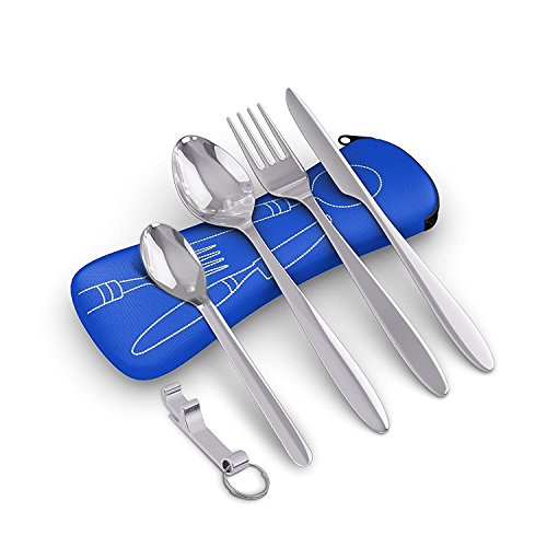 5 Premium Acero Inoxidable Set de Cubiertos Portátiles para Llevar, Viajes, Trabajo, Acampada/Camping, Picnic - Cuchara Tenedor Cucharita Cuchillo Abridor de Botellas| Estuche de Neopreno