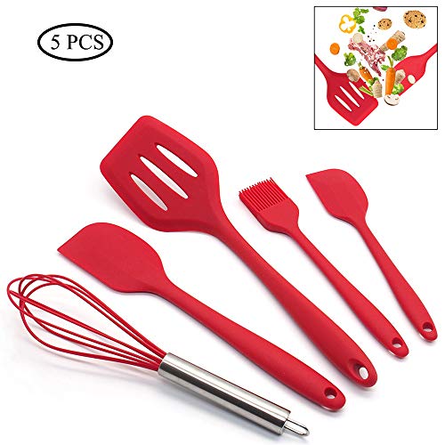 5 utensilios de cocina de silicona de alta calidad, resistentes al calor, juego de utensilios de cocina de alta calidad, utensilios de cocina, fácil y limpio de usar, color rojo.