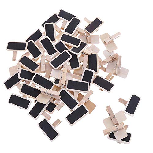 50 piezas Mini clips de pizarra, Etiqueta de Pizarra de Madera Rectangular, pizarra de madera con clip de nota de foto, para Decoración Boda Nombre Mensajes Pinza Clip de Pizarra Negra