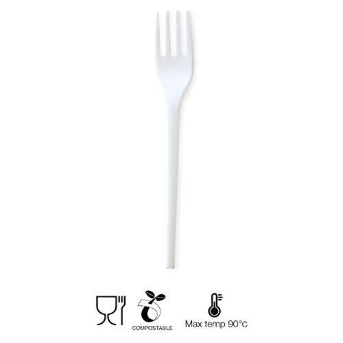 50 tenedores biodegradables y compostables – Tenedor desechable robusto y resistente – Cubertería desechable de bioplástico para picnics, fiestas, catering, barcos, camping – altura 16,5 cm