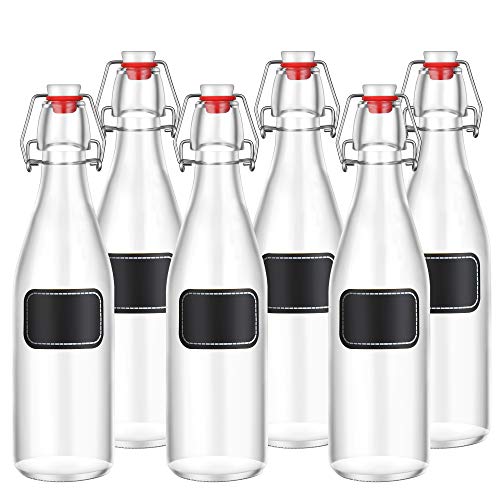 6 Botellas de Vidrio con Tapa abatible de 1000ml - 6 Sellos Extra - 12 Etiquetas con bolígrafo