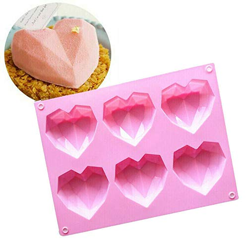 6-Cavity 3D Love Heart Diamond en forma de molde de silicona para hornear Moldes Mousse Pastelería Herramientas Bandeja hecha a mano Herramienta de bricolaje (rosa)