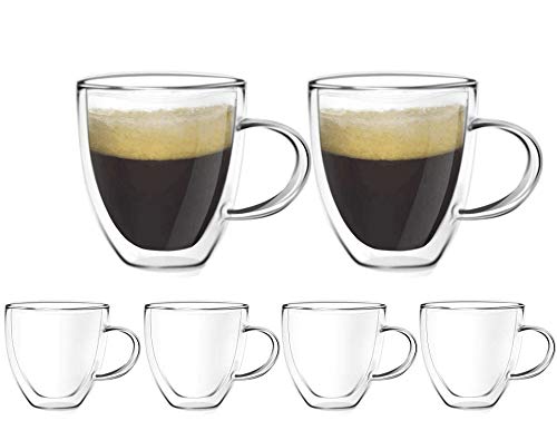 [6-pack, 160ml/5.4 oz] DESIGN•MASTER- Tazas de vidrio espresso de primera calidad, vidrio aislante de doble pared con asa, vidrio termoaislante, perfecto para máquina de café exprés y cafetera.