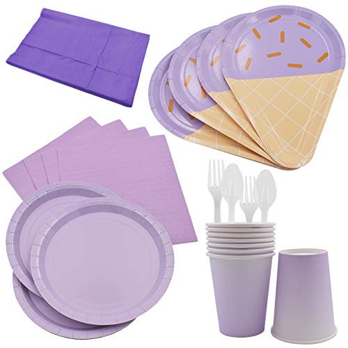 61PCS Platos para Fiestas de Helados Vajilla Desechable Ecológica Platos de Papel Biodegradables Tenedores Manteles Toalla de Papel Cucharas Combo para Fiesta Camping Picnic- Gradiente Color Púrpura