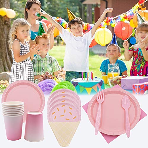 61PCS Platos para Fiestas de Helados Vajilla Desechable Ecológica Platos de Papel Biodegradables Tenedores Manteles Toalla de Papel Cucharas Combo para Fiesta Camping Picnic- Gradiente de Color Rosa