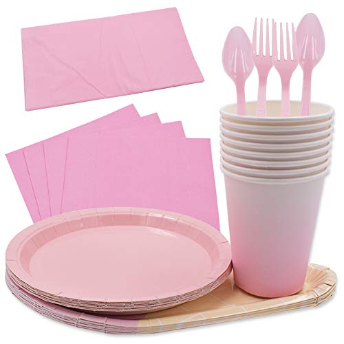 61PCS Platos para Fiestas de Helados Vajilla Desechable Ecológica Platos de Papel Biodegradables Tenedores Manteles Toalla de Papel Cucharas Combo para Fiesta Camping Picnic- Gradiente de Color Rosa