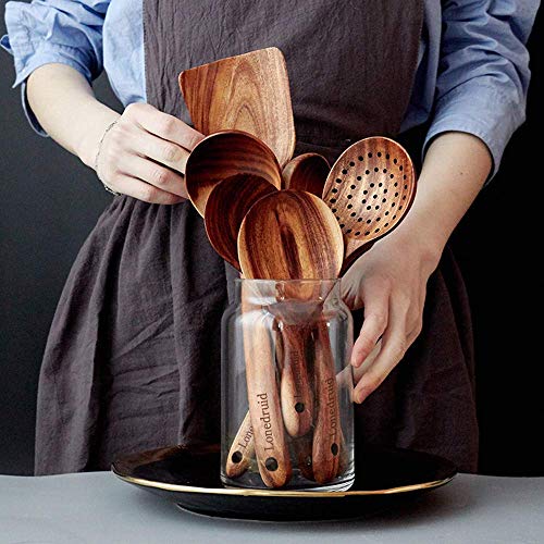 7 Piezas Utensilios Cocina de madera, No Tóxicas Resistentes al Calor Utensilios de Cocina Antiadherente, Estilo japonés