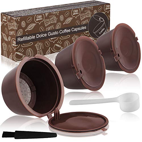 7 stars Filtros Cápsulas de Café puede rellenar reutilizar para Dolce Gusto Cafetera fuerte al menos 160 veces de usos para reemplazo,3 pcs con 1 cucharón de plástico y 1 cepillo de limpieza