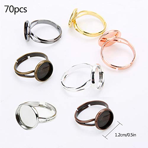 70 piezas en blanco para anillos, bases de anillo ajustables, bandejas de metal redondas, base de anillo plana para manualidades, cabujones y collares