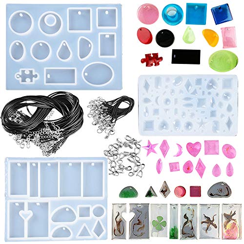 70pcs Moldes Silicona Resina para Hacer Joyerias Collar Pendiente Fabricación de Colgante Creativo Bricolaje DIY + 20pcs Cuerda de Collar con Hebilla de Langosta + Accesorios