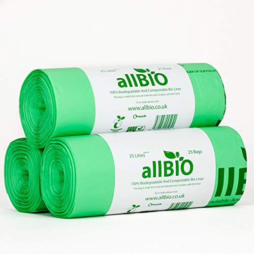 75 bolsas de basura de 25 litros, de allBIO, 100% biodegradables y compostable, para cubos de basura