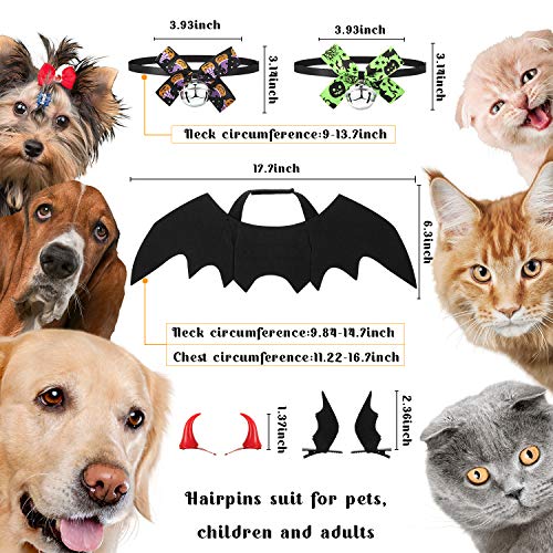 8 Piezas Disfraces de Perros Gatos Mascotas Incluyen Alas de Murciélago de Halloween, Collar de Lazo con Campana Pinzas de Cabello de Buey Disfraz para Niños Adultos Fiesta de Halloween