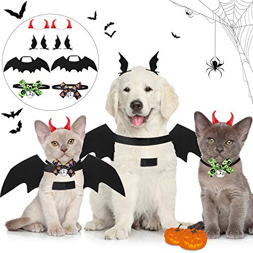 8 Piezas Disfraces de Perros Gatos Mascotas Incluyen Alas de Murciélago de Halloween, Collar de Lazo con Campana Pinzas de Cabello de Buey Disfraz para Niños Adultos Fiesta de Halloween