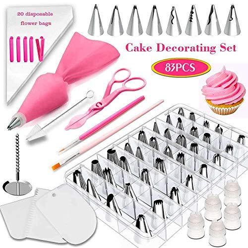 83 pcs Suministros de decoración de pasteles, Kit de herramientas de decoración Boquillas de repostería giratoria Para bolsas de crema pastelera Boquillas de tubería de hielo Consejos para hornear