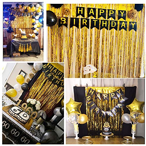 84 piezas de decoración de fiesta de cumpleaños con globos de color negro, dorado y blanco, 2 unidades de 3 x 2,4 m, con flecos metálicos.