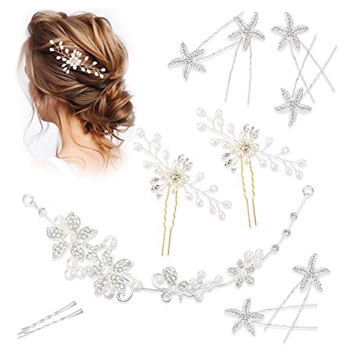 9PCS horquillas de estrellas de mar retro pinza, Pasadores pelo Styling accesorios para el cabello diamantes de imitación, Perlas Accesorios de Pelo Vintage Fiesta Boda para mujeres niñas(plata)