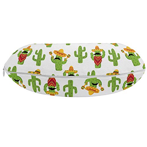 ABAKUHAUS Cinco de Mayo Cojín de Viaje para Soporte de Cuello, Cactus Caracteres Diversión, Cómoda y Práctica Funda Removible Lavable, 30x30 cm, Cal Verde Mostaza Blanca