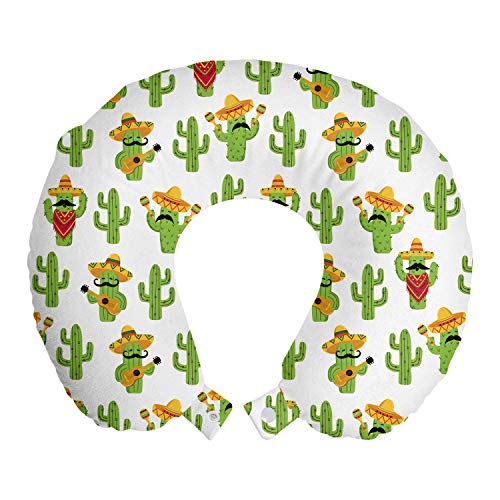 ABAKUHAUS Cinco de Mayo Cojín de Viaje para Soporte de Cuello, Cactus Caracteres Diversión, Cómoda y Práctica Funda Removible Lavable, 30x30 cm, Cal Verde Mostaza Blanca