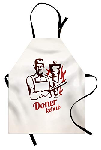 ABAKUHAUS Doner Delantal de Cocina, Cocina Tradicional Silueta Estilo Chef Preparando Kebab, Estampados con Tecnología Digital A Prueba de Agua y Suciedad, Castaño Castaño Bermellón Pálido Huevo