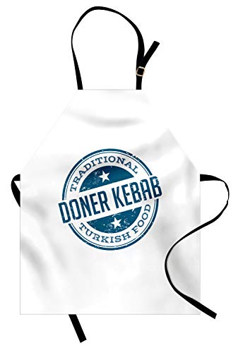 ABAKUHAUS Doner Delantal de Cocina, Estampilla Vintage Look Diseño Comida Tradicional Turca Kebab Letras Estrellas, Resistente al Agua y la Suciedad Estampa Digital, Noche Azul Blanco