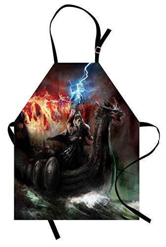 ABAKUHAUS Dragón Delantal de Cocina, Ira Imaginaria de Antigua Figura Vikingos Barco Real Cabeza de Dragón Tormenta Rayos, Apto para Uso en Interiores y Exteriores Resiste la Suciedad, Multicolor