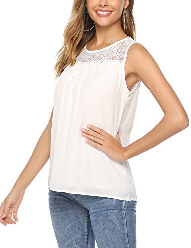 Abollria Camisa Elegante de Mujer con Bordado y Encajes Blusa Manga Larga Pullover Ligero Top con Cuello Redondo para Primavera Verano Otoño, Blanco/Sin Manga, 2XL(ES 50/52)