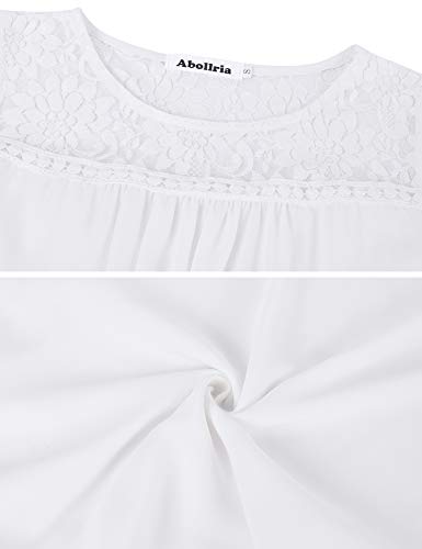 Abollria Camisa Elegante de Mujer con Bordado y Encajes Blusa Manga Larga Pullover Ligero Top con Cuello Redondo para Primavera Verano Otoño, Blanco/Sin Manga, 2XL(ES 50/52)