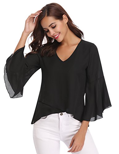 Abollria Camisa para Mujer 3/4 Mangas Elegante Blusa de Gasa Ligera Camisetas de Chiffon Cuello V Top Mangas Acampanadas Primavera Verano Otoño, Negro, S