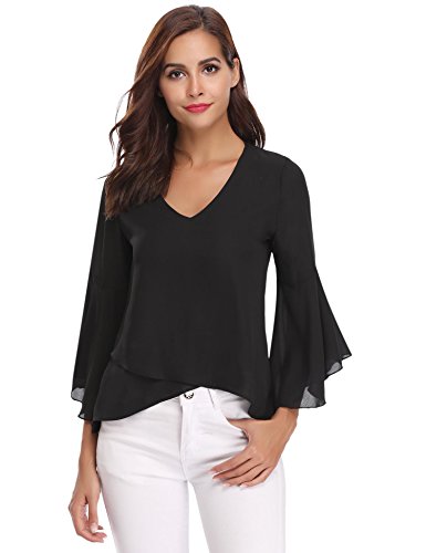 Abollria Camisa para Mujer 3/4 Mangas Elegante Blusa de Gasa Ligera Camisetas de Chiffon Cuello V Top Mangas Acampanadas Primavera Verano Otoño, Negro, S