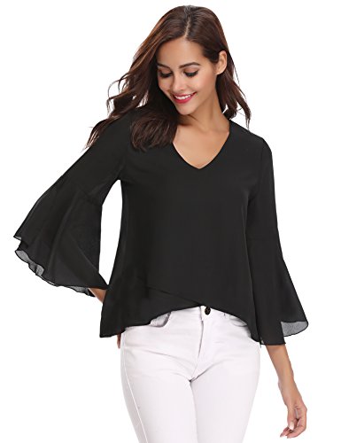 Abollria Camisa para Mujer 3/4 Mangas Elegante Blusa de Gasa Ligera Camisetas de Chiffon Cuello V Top Mangas Acampanadas Primavera Verano Otoño, Negro, S