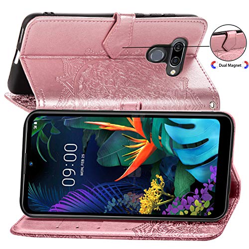 Abuenora Funda para LG K50, LG Q60 Carcasa Libro con Tapa Flip Case Antigolpes Golpes Cartera PU Cuero Suave Soporte con Correa Cordel - Mandala Oro Rosa