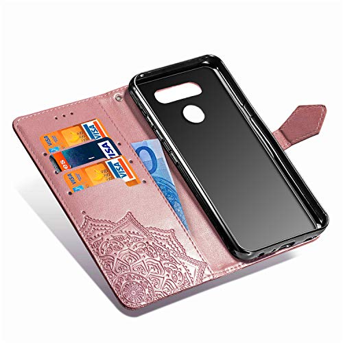 Abuenora Funda para LG K50, LG Q60 Carcasa Libro con Tapa Flip Case Antigolpes Golpes Cartera PU Cuero Suave Soporte con Correa Cordel - Mandala Oro Rosa