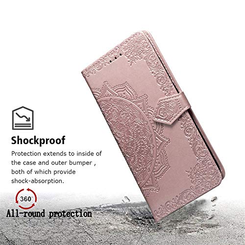 Abuenora Funda para LG K50, LG Q60 Carcasa Libro con Tapa Flip Case Antigolpes Golpes Cartera PU Cuero Suave Soporte con Correa Cordel - Mandala Oro Rosa