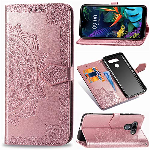 Abuenora Funda para LG K50, LG Q60 Carcasa Libro con Tapa Flip Case Antigolpes Golpes Cartera PU Cuero Suave Soporte con Correa Cordel - Mandala Oro Rosa