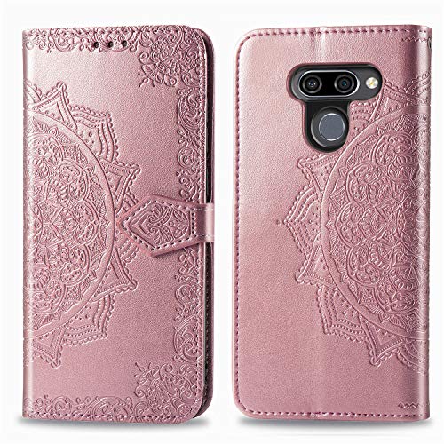 Abuenora Funda para LG K50, LG Q60 Carcasa Libro con Tapa Flip Case Antigolpes Golpes Cartera PU Cuero Suave Soporte con Correa Cordel - Mandala Oro Rosa