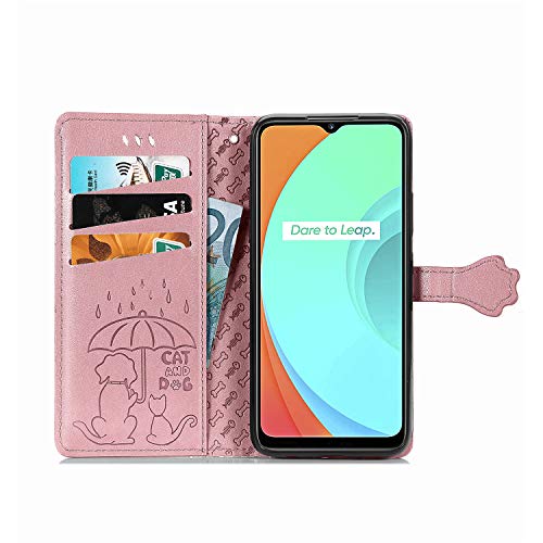 Abuenora Funda para Realme C11, Carcasa Libro con Tapa Flip Case Antigolpes Cartera Polipiel Cuero Suave Guay Cubierta Color Oro Rosa