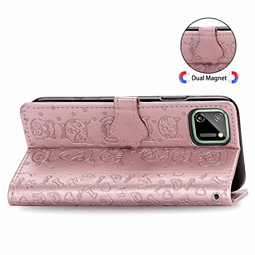 Abuenora Funda para Realme C11, Carcasa Libro con Tapa Flip Case Antigolpes Cartera Polipiel Cuero Suave Guay Cubierta Color Oro Rosa